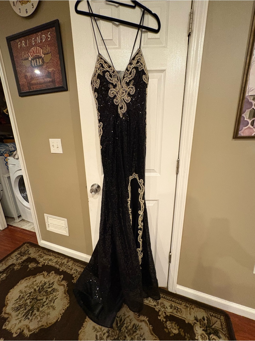 Colors-Black Sequin Evening Gown with Slit Gold Embroidery. Worn  once -Like new